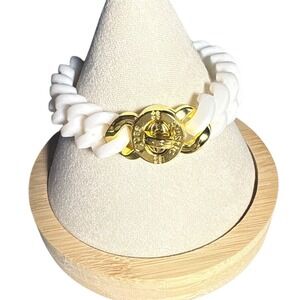 Rustic Cuff White Chunky Link Rubber Bracelet Gold Tone Clasp Women New